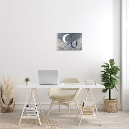 Stupell Industries Grey and Blue Celestial Love Sky Swinging by the Crescent Moon and Stars Wood Wall Plaque